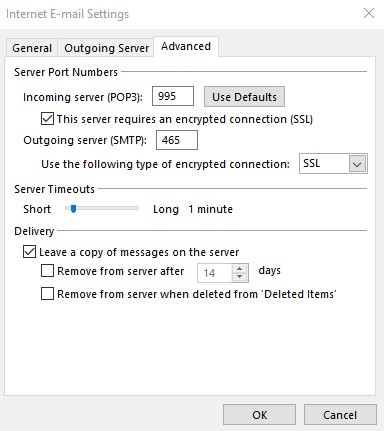 Outlook Mail server settings