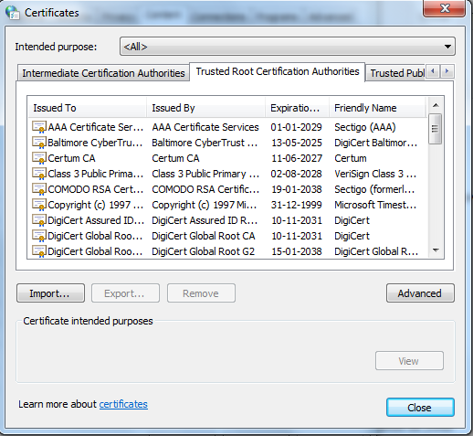 Import Trusted Root Certificates in windows 7