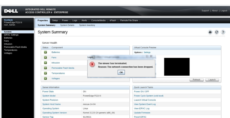 idrac the network connection has been dropped